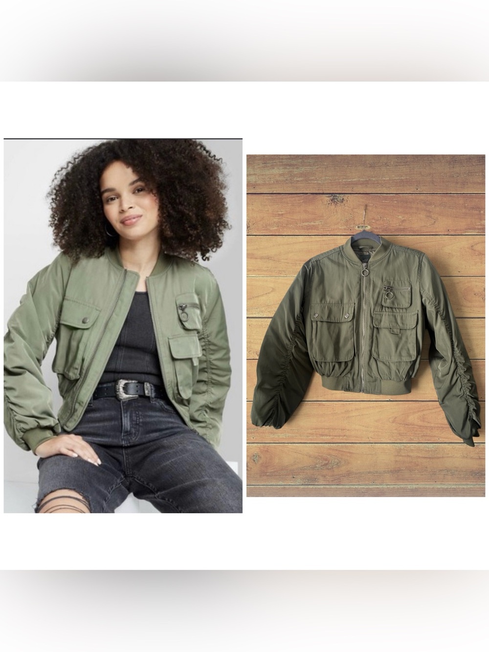 Wild Fable olive green satin utility jacket, small